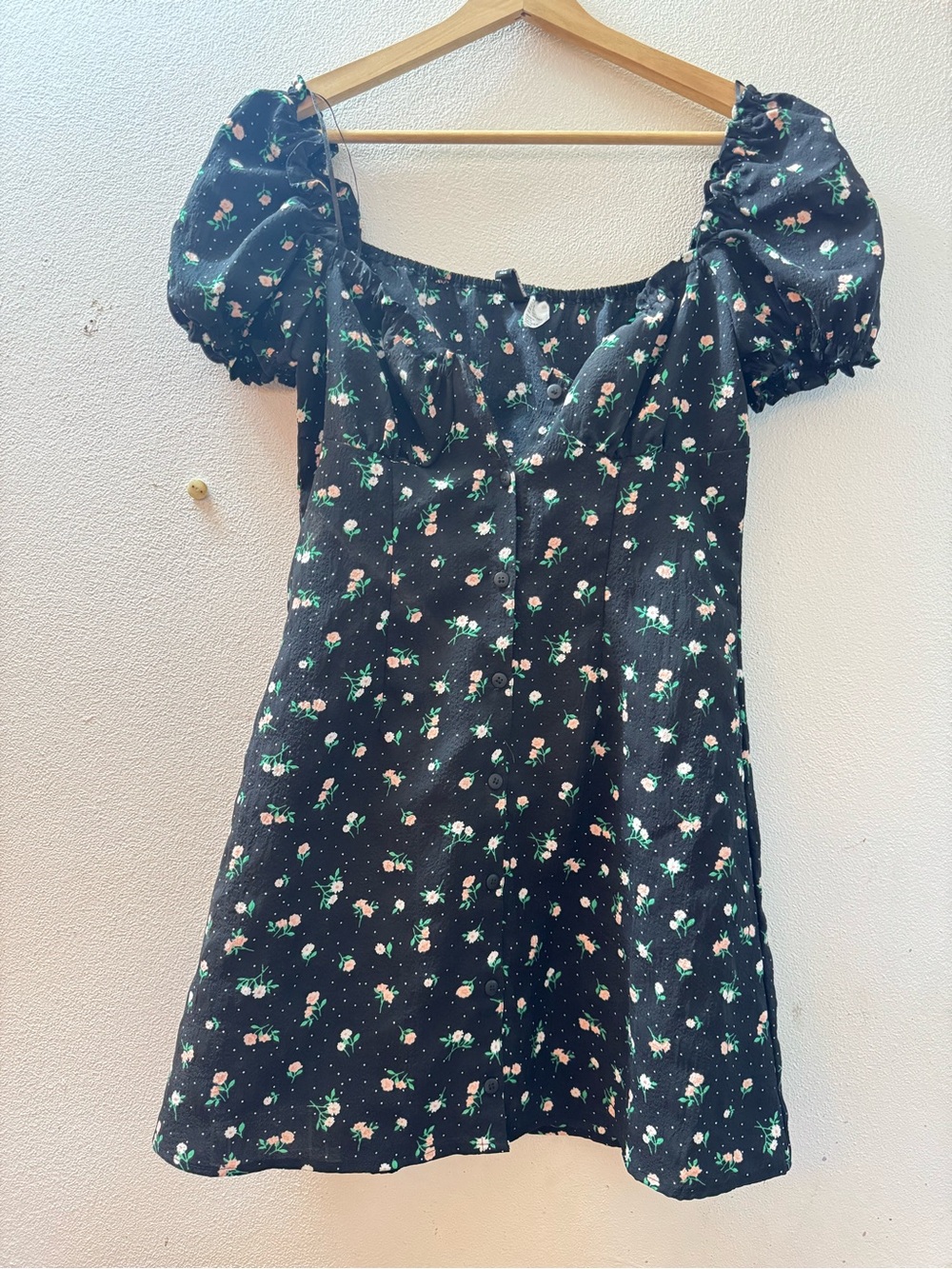 H&M Black Floral Puff-Sleeve Dress with Pink & Green Flowers